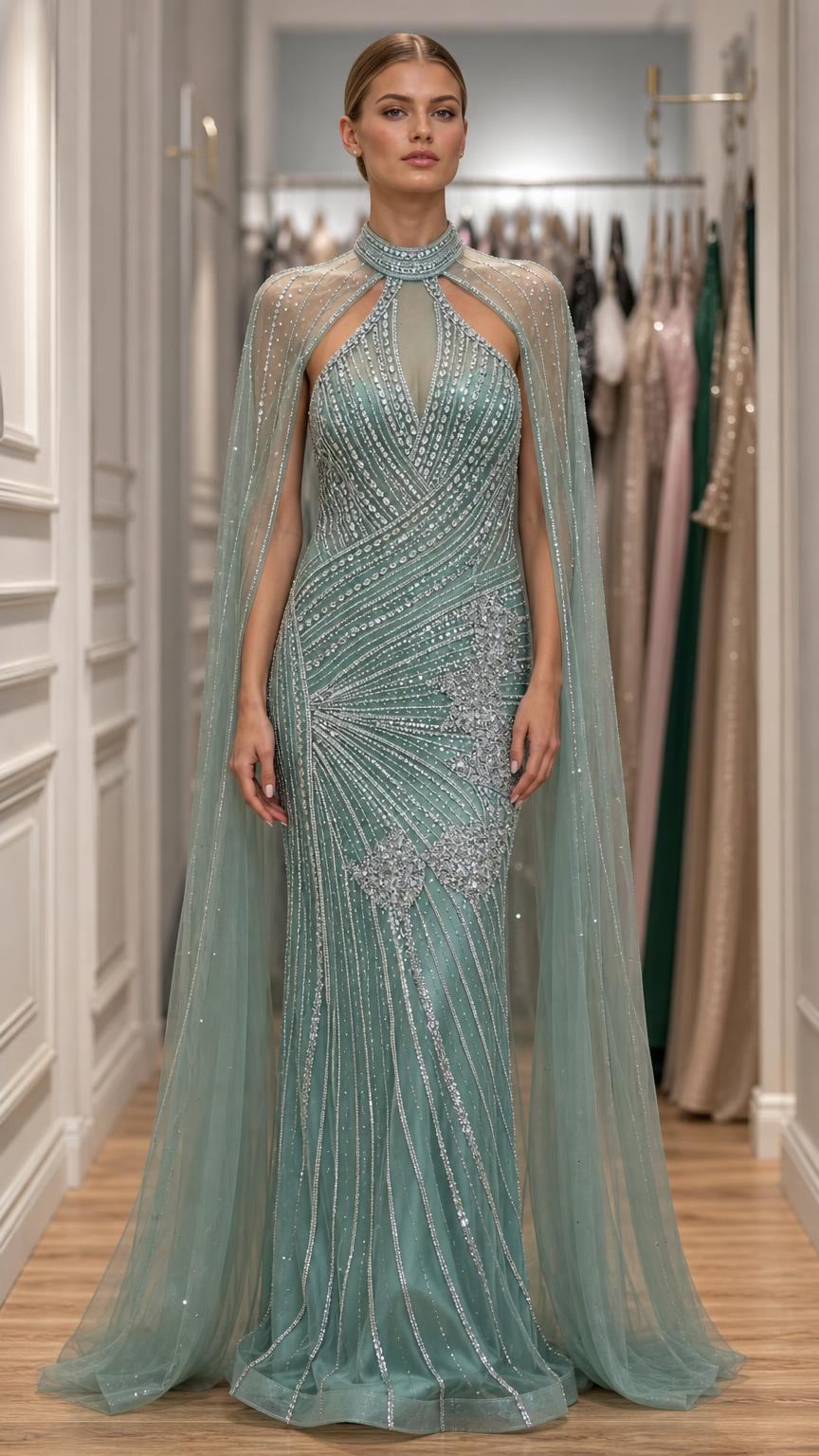 Front view of model wearing sage green embellished evening gown with cape