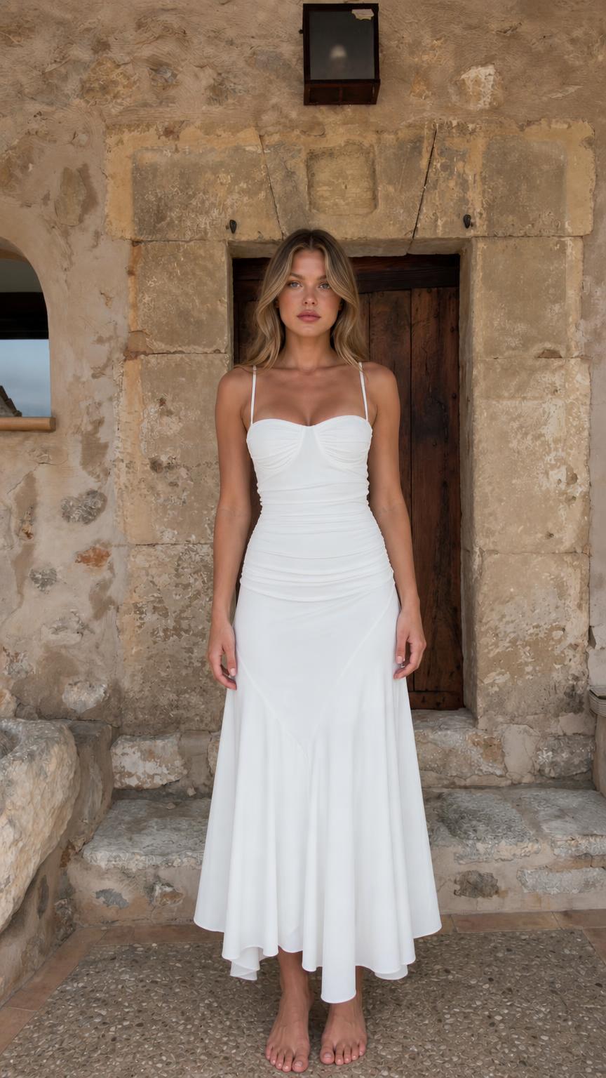 Front view of woman wearing white ruched bustier midi dress