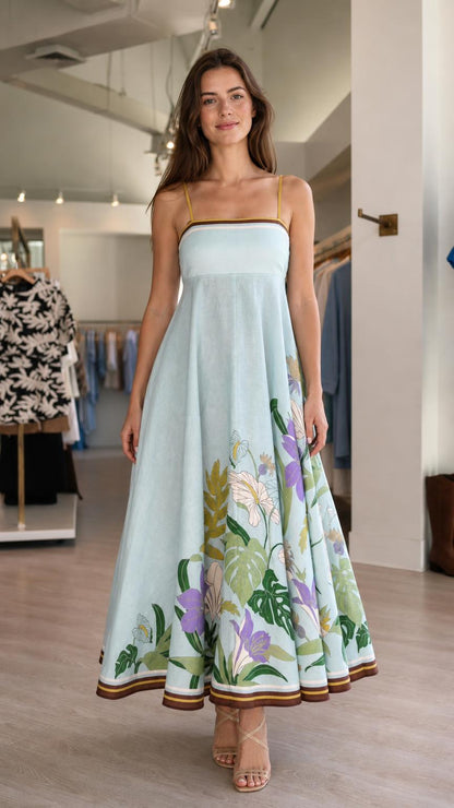 Front view of light blue floral maxi dress