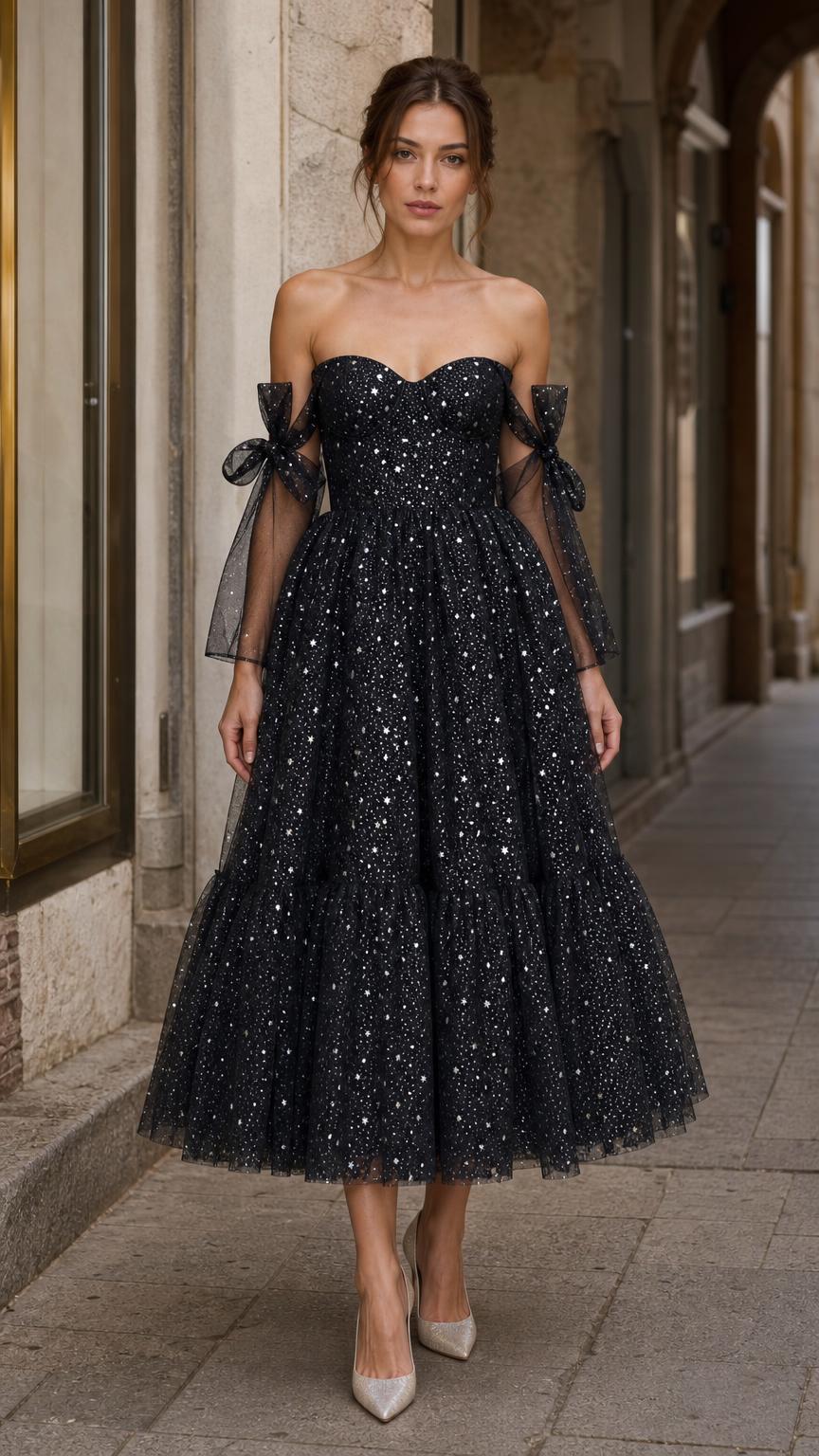 Front view of model wearing black starlight off-shoulder tulle midi dress