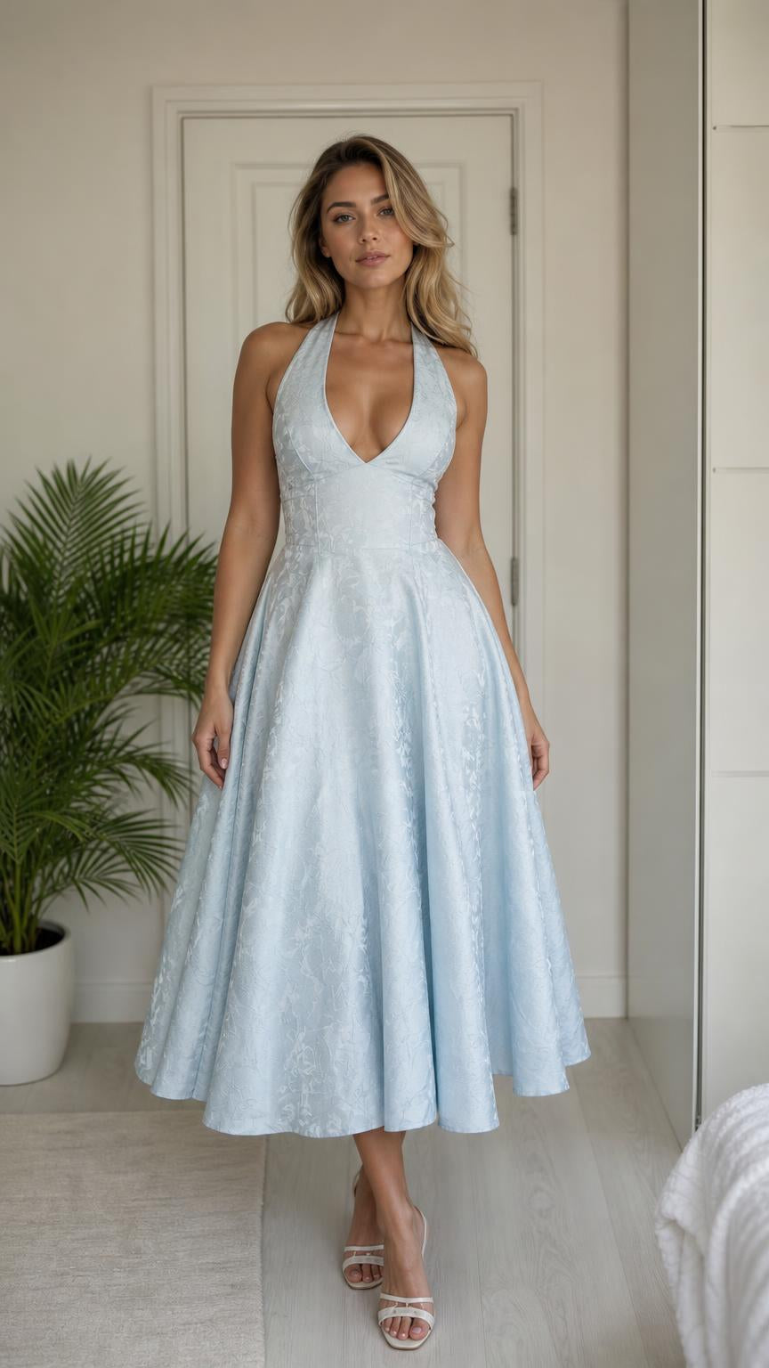 Full front view of model wearing light blue halter midi dress