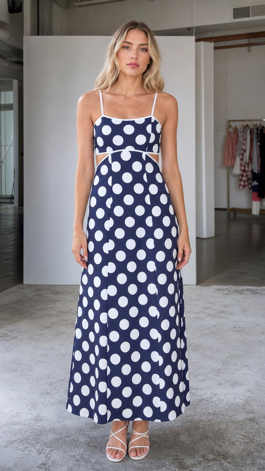 Front view of woman wearing navy polka dot cutout maxi dress