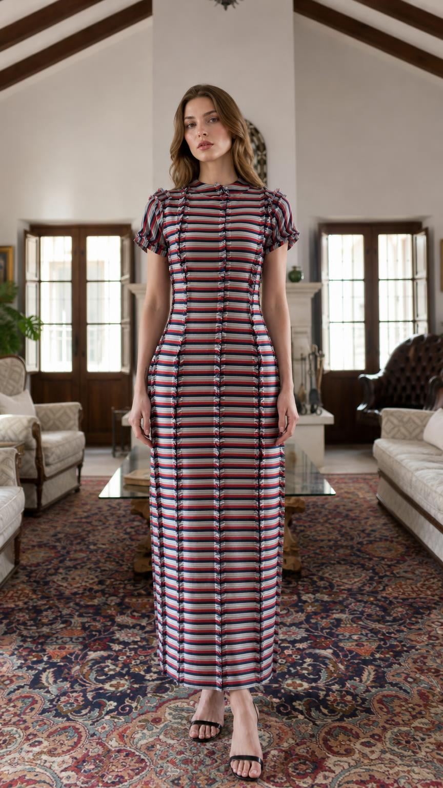Front view of model wearing multi-stripe maxi dress