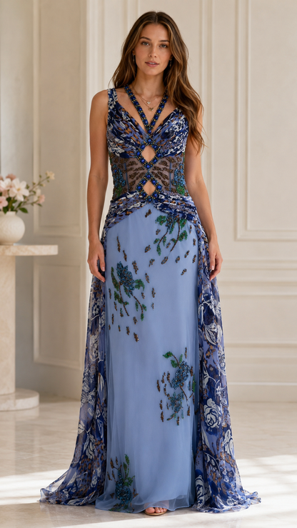 Front view of dusty blue embellished evening gown with sheer cutout bodice and floor-length skirt