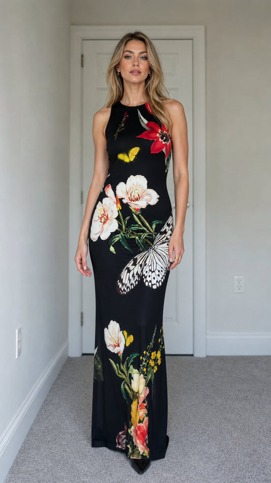 Model wearing black floral butterfly print sleeveless maxi dress from the front