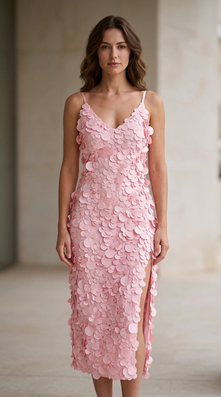 Front view of model wearing pink 3D petal applique midi dress