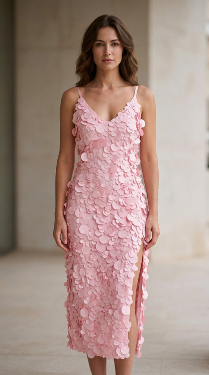 Front view of model wearing pink 3D petal applique midi dress
