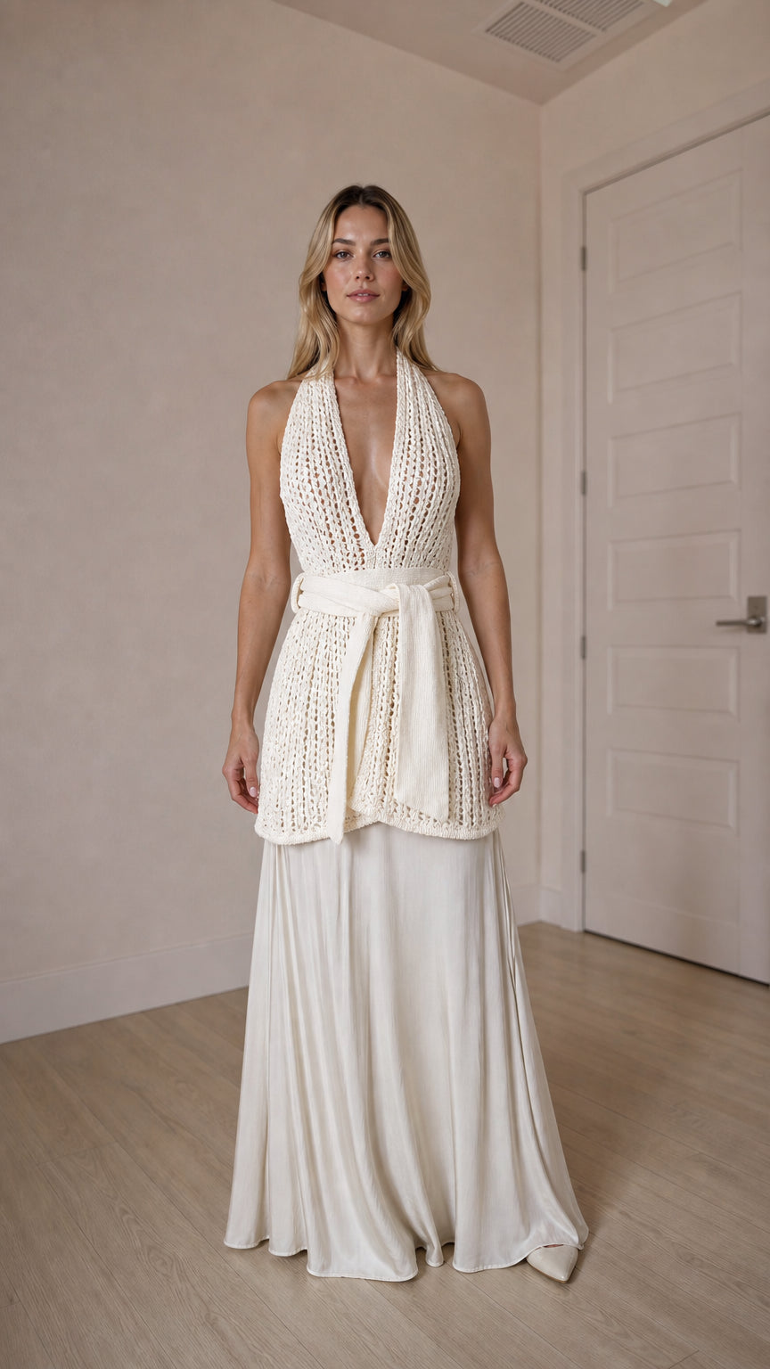 Front view of ivory open knit halter top and maxi skirt set