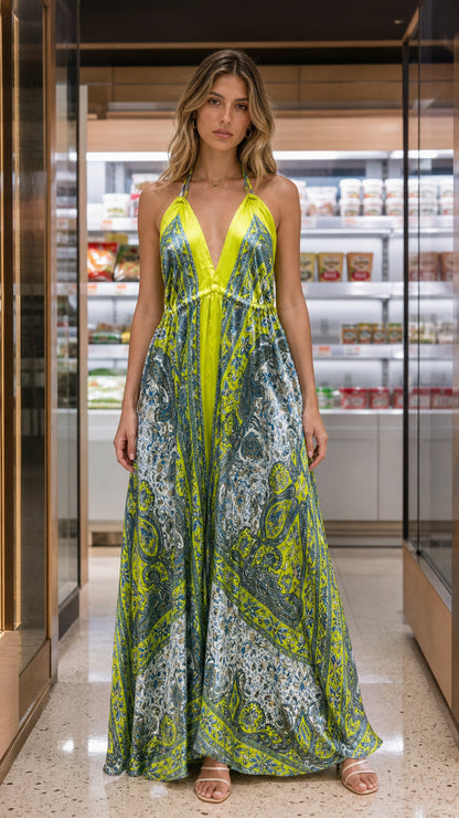 Front view of lime green paisley maxi dress on model