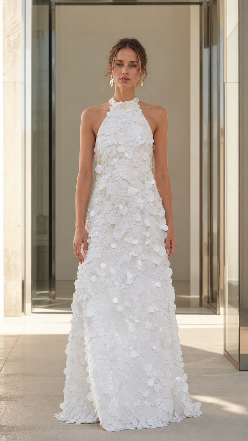 Front view of White 3D floral applique halter maxi dress