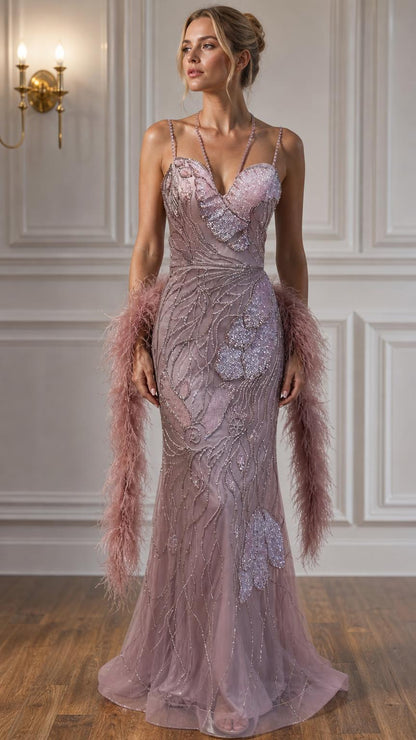 Model wearing mauve beaded mermaid evening gown front view