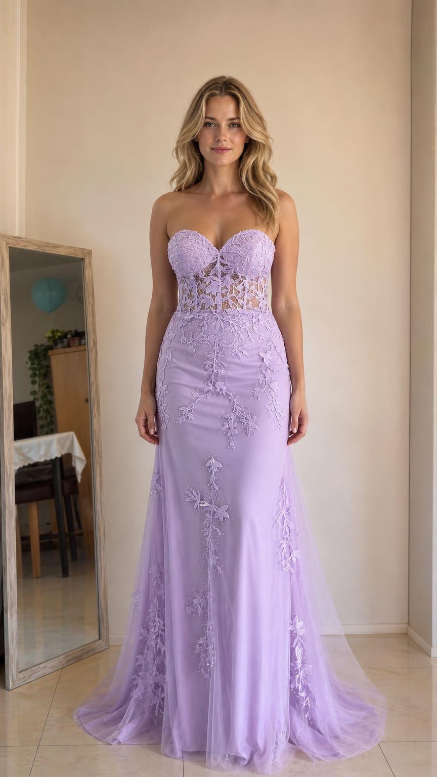 Front view of lavender strapless mermaid evening gown