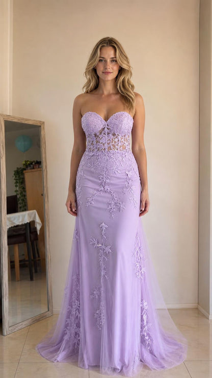 Front view of lavender strapless mermaid evening gown