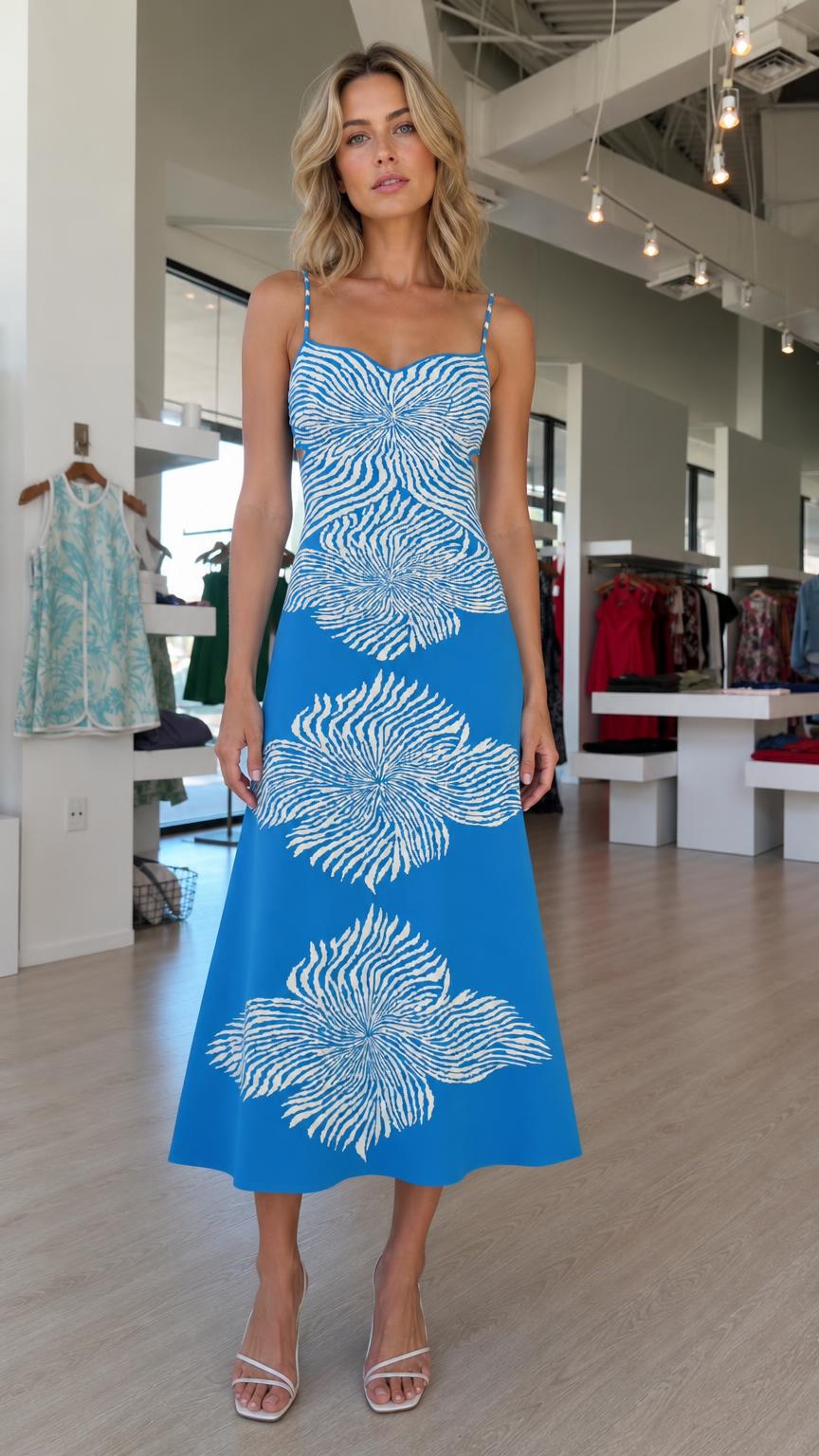 Front view of model wearing blue knit midi dress with abstract floral pattern