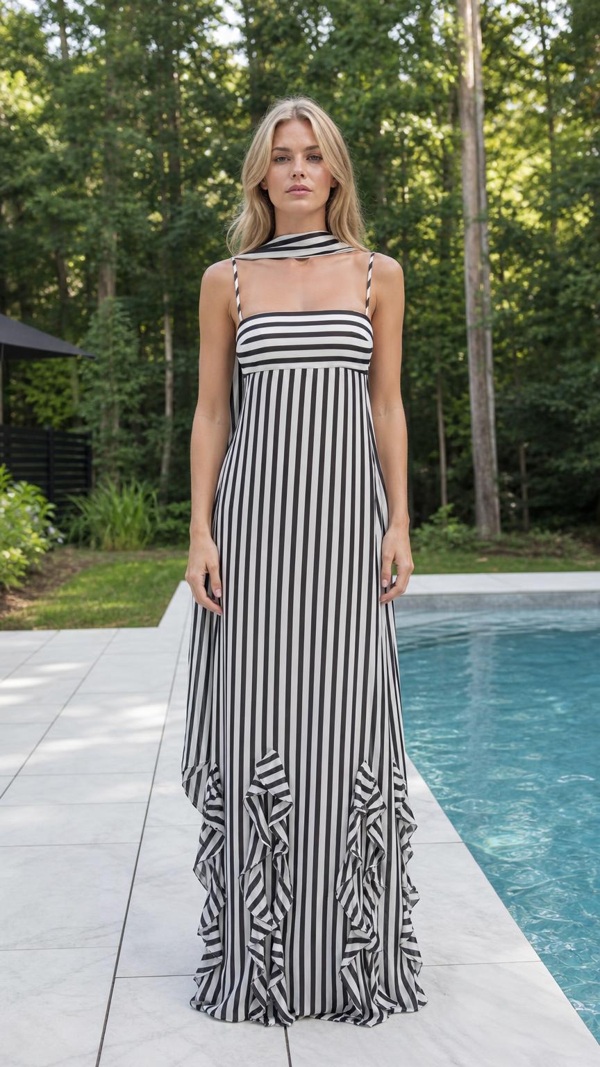 Front view of black and white striped maxi dress by a pool
