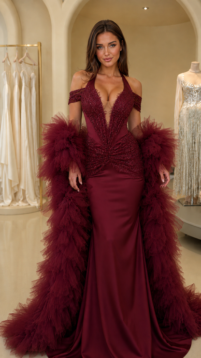 Model wearing burgundy halter neck mermaid evening gown with matching feather stole