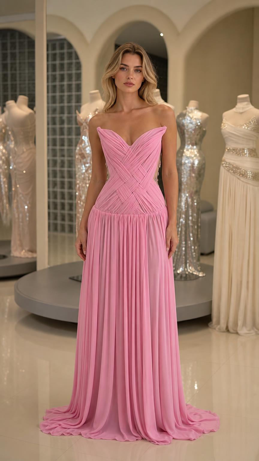 Front view of pink pleated strapless evening gown