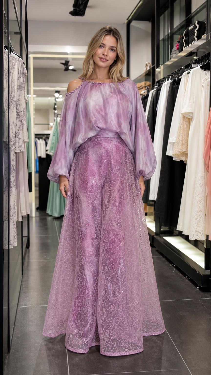 Model wearing lavender cold-shoulder blouse and wide-leg pants set front view