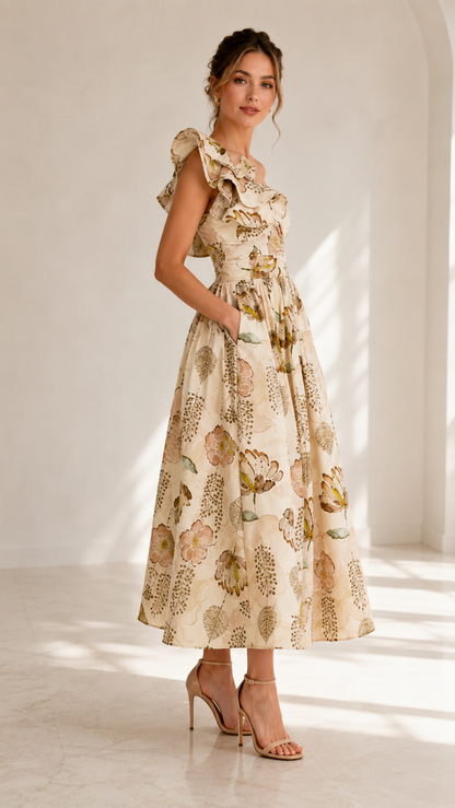 Front view of cream floral one-shoulder ruffle midi dress with pockets