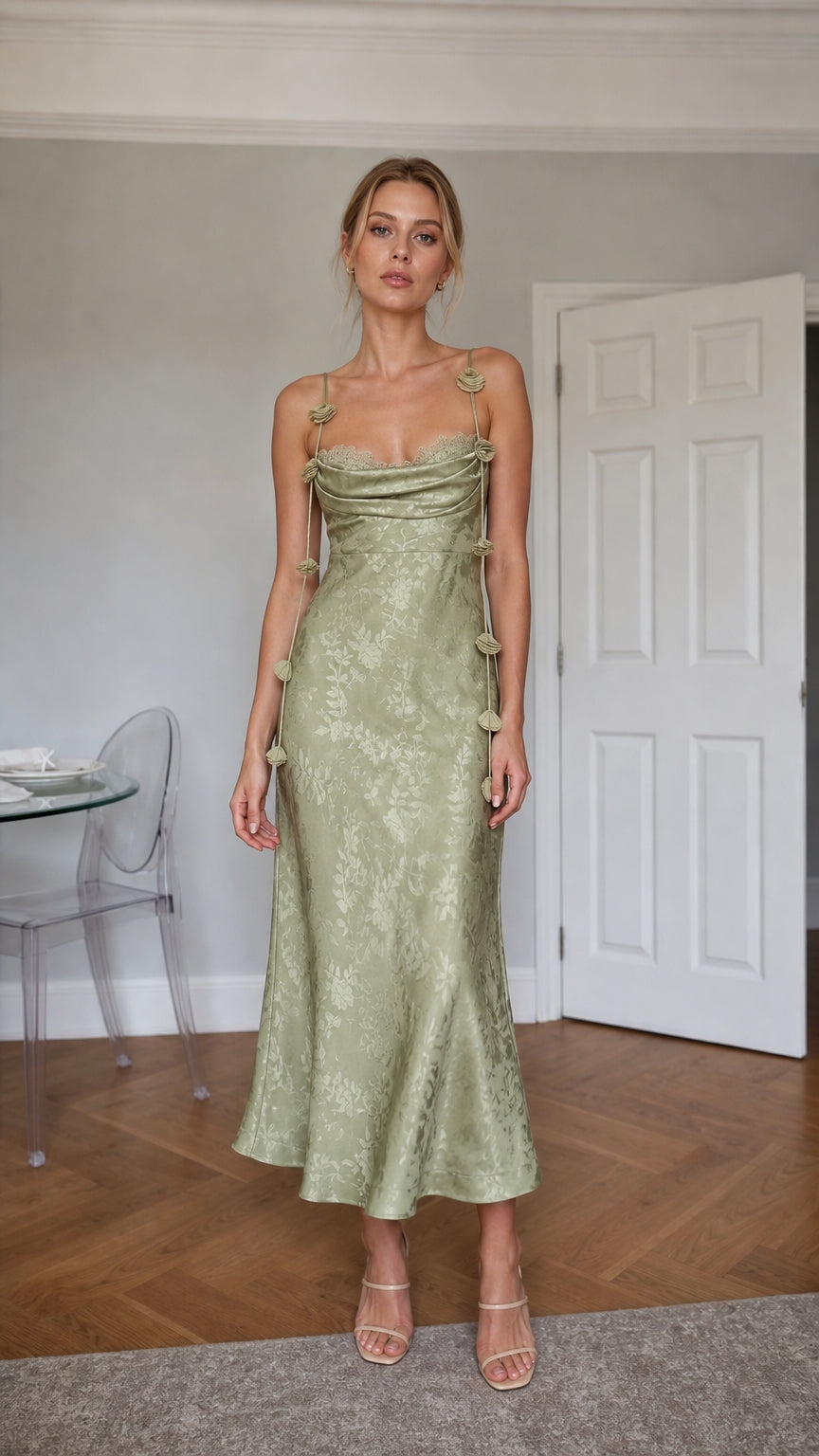 Sage Green satin floral midi dress front view
