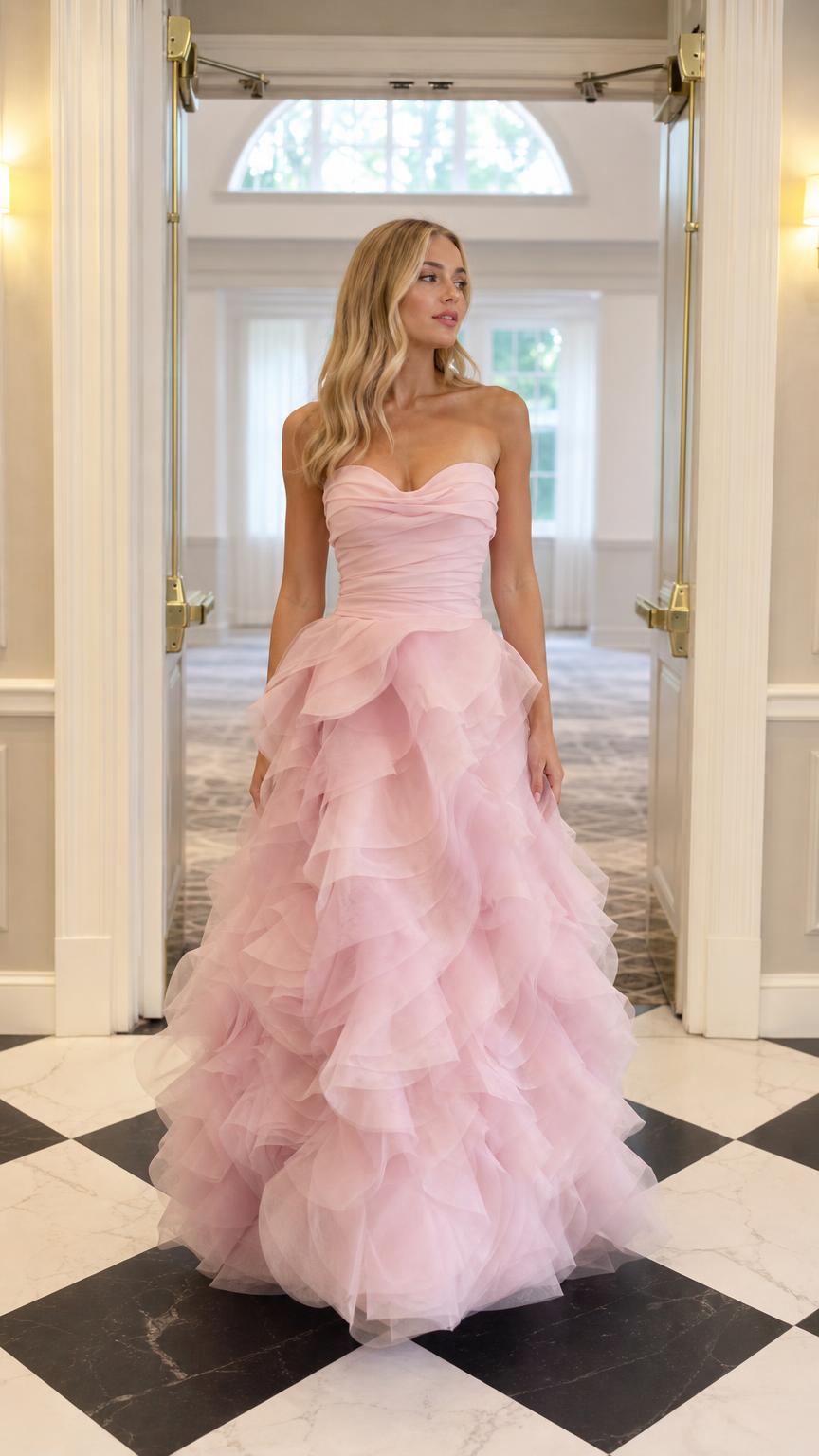 Front view of model wearing pink strapless tulle ball gown evening dress