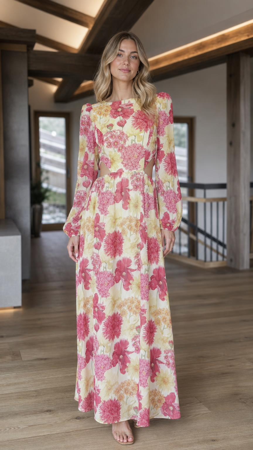 Front view of yellow floral print long sleeve cutout maxi dress