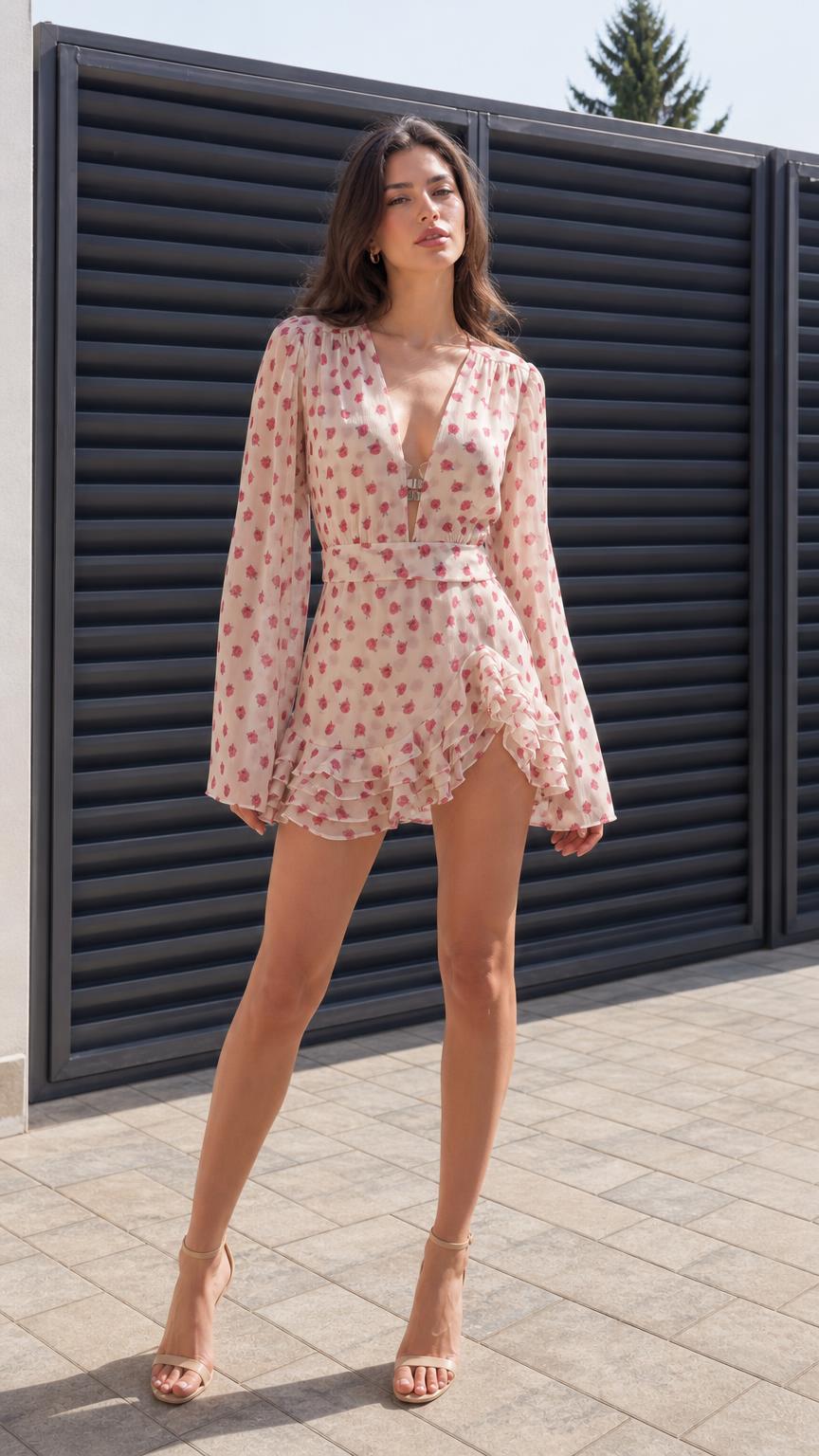 Full front view of model wearing blush pink floral mini dress