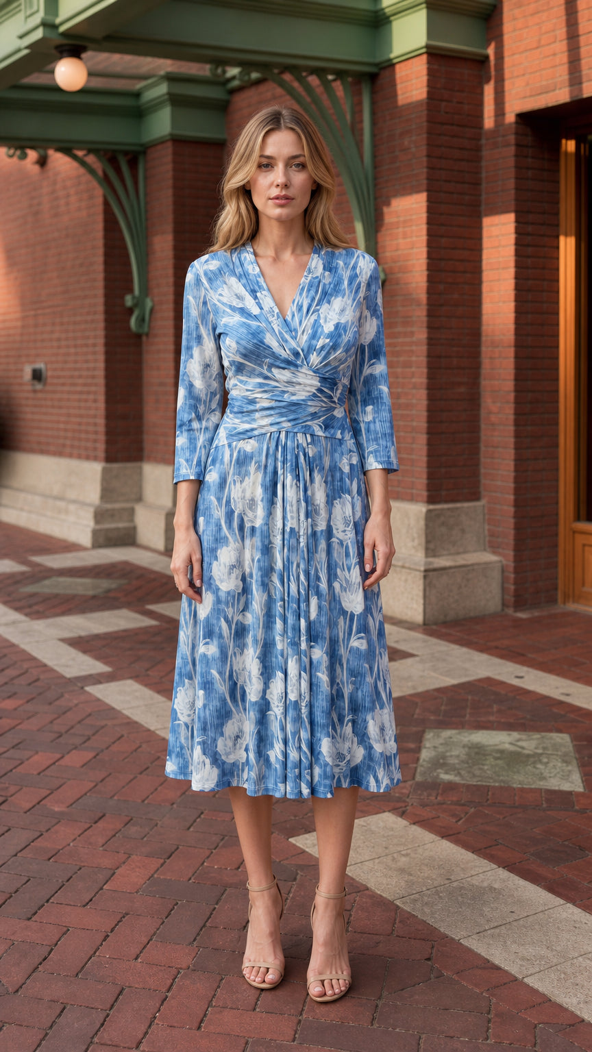 Front view of model wearing blue floral V-neck pleated midi dress