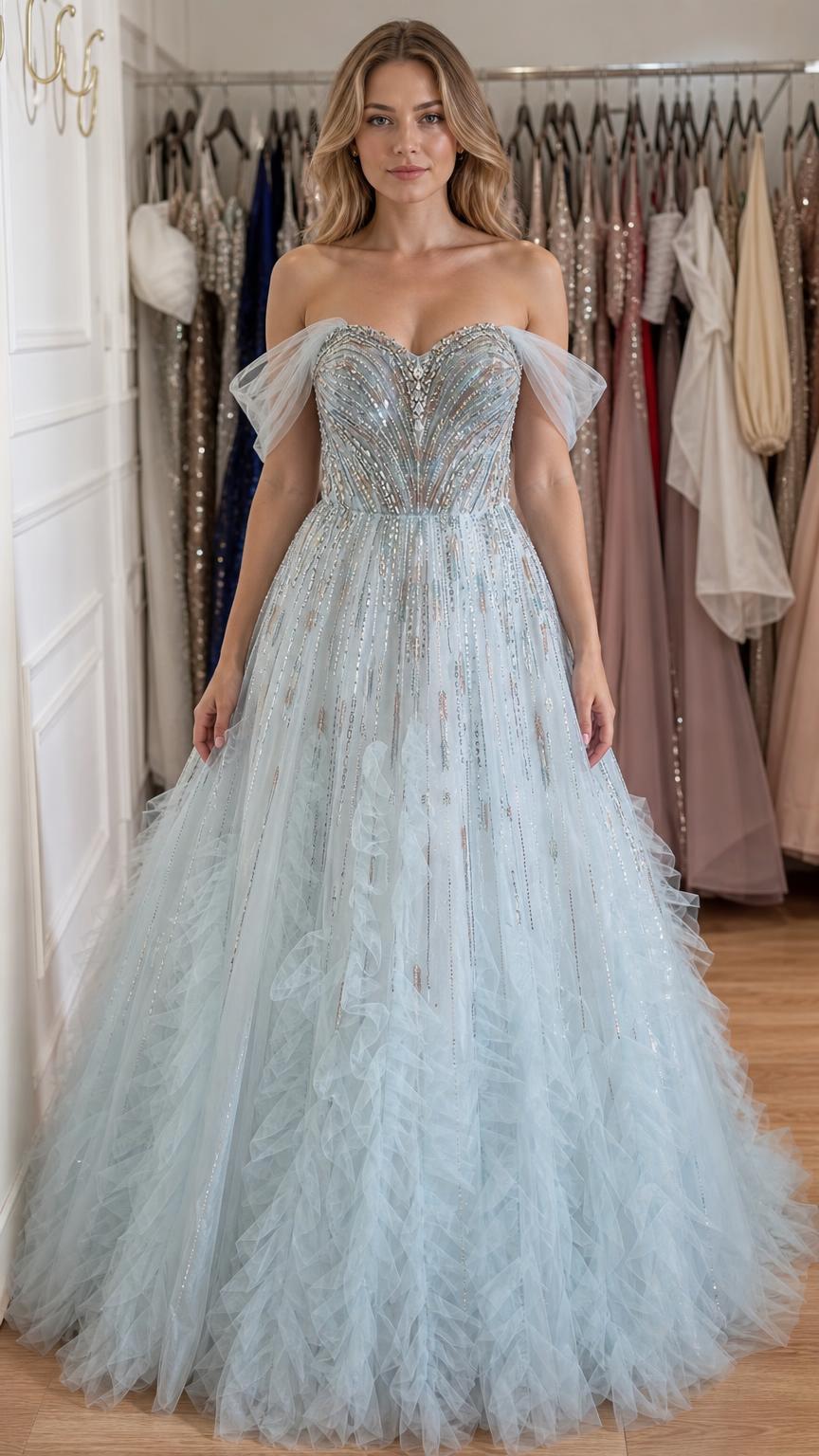 Front view of light blue off-shoulder embellished tulle ball gown