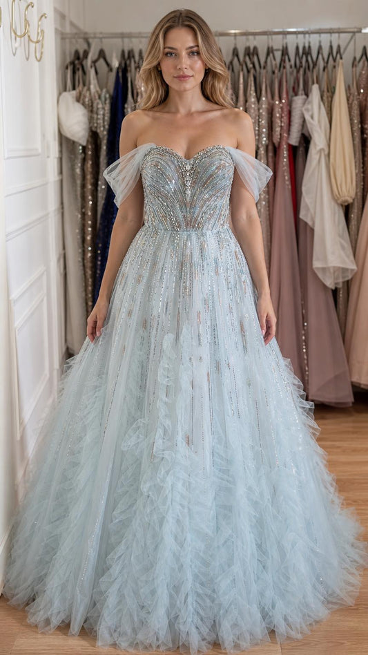 Front view of light blue off-shoulder embellished tulle ball gown