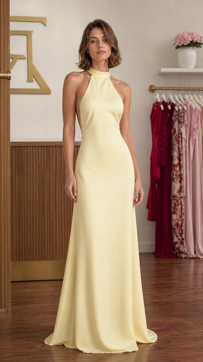 Front view of a yellow satin halter maxi dress