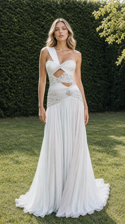 Front view of white one-shoulder pleated evening gown