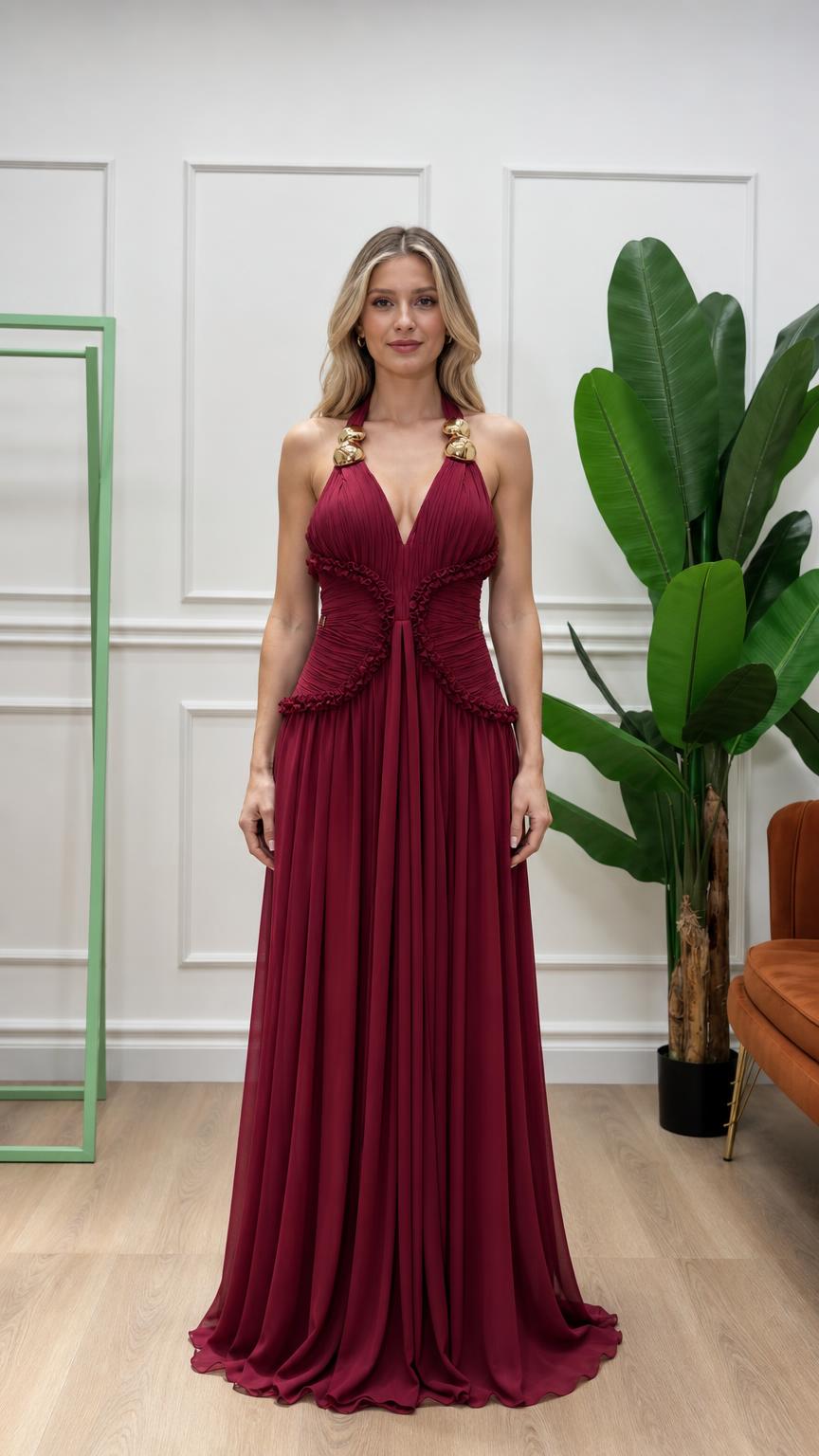 Front view of burgundy halter pleated maxi dress