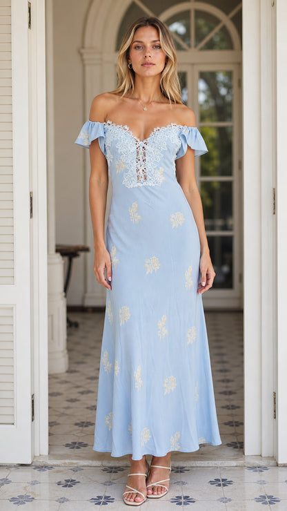 Front view of Light Blue off-the-shoulder maxi dress