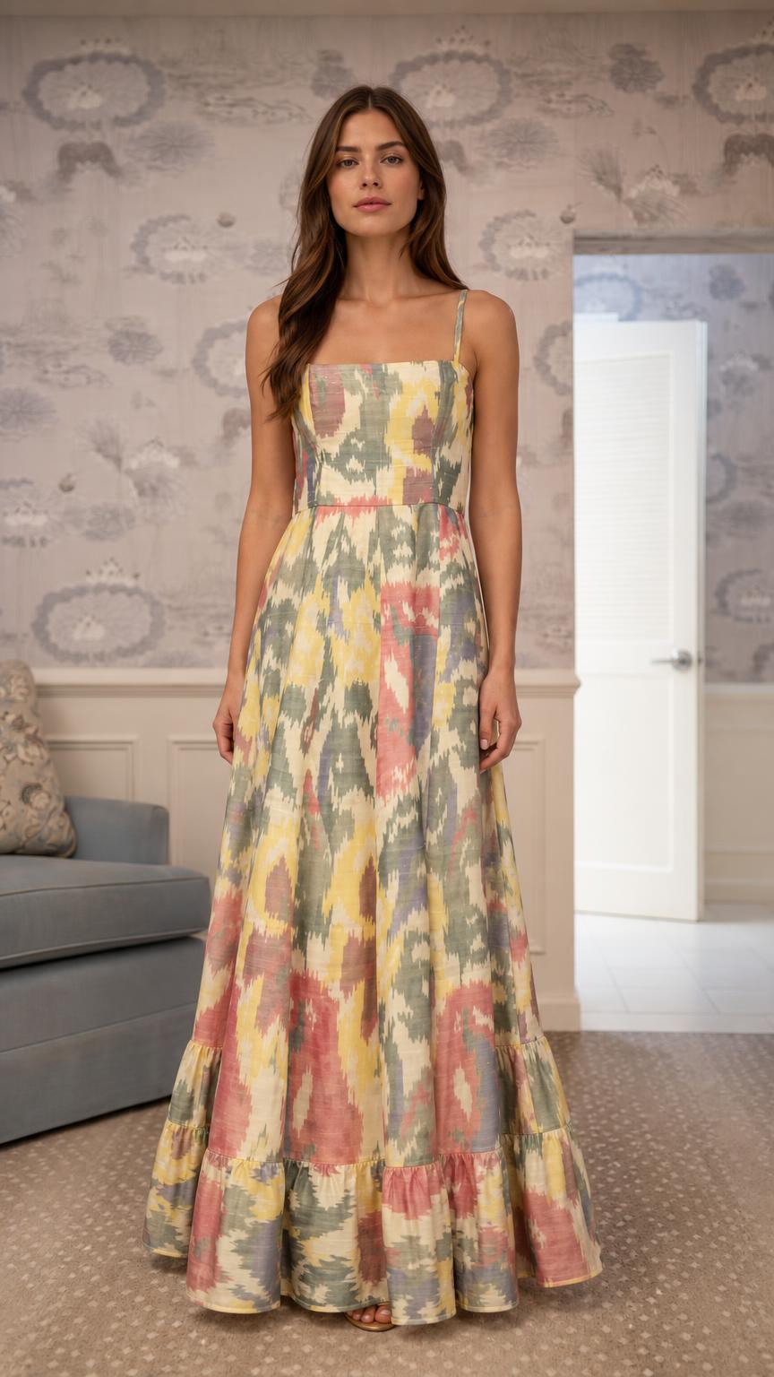 Front view of model wearing abstract multi-color sleeveless maxi dress