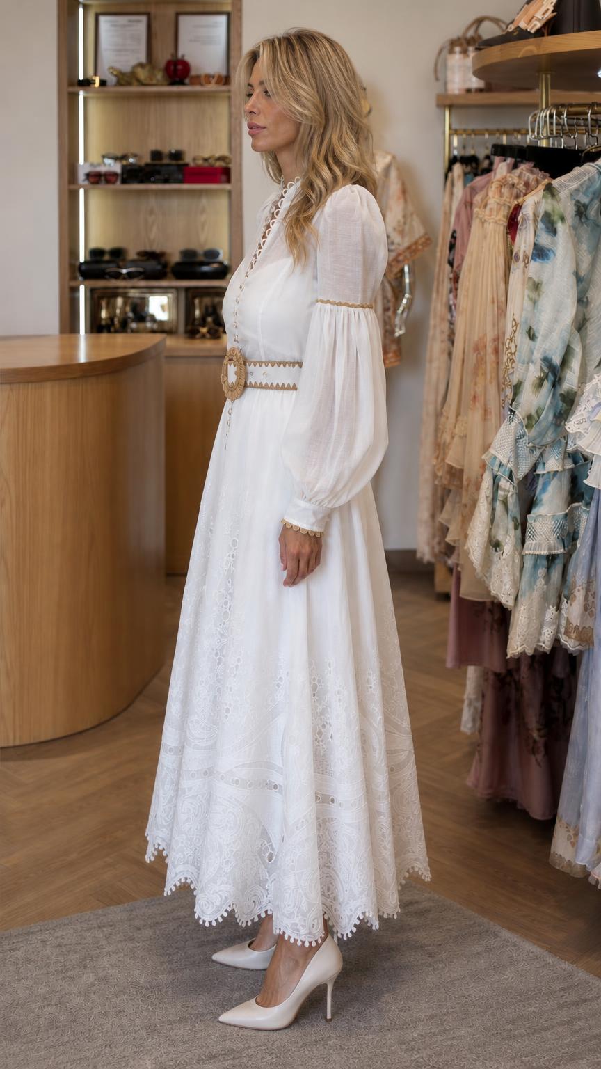 Side view of model wearing white long sleeve maxi dress