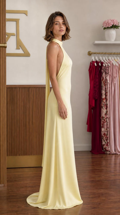 Side view of the yellow satin maxi dress