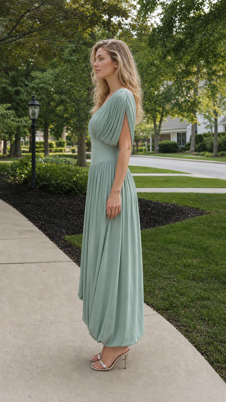 Side profile view of Sage Green maxi dress