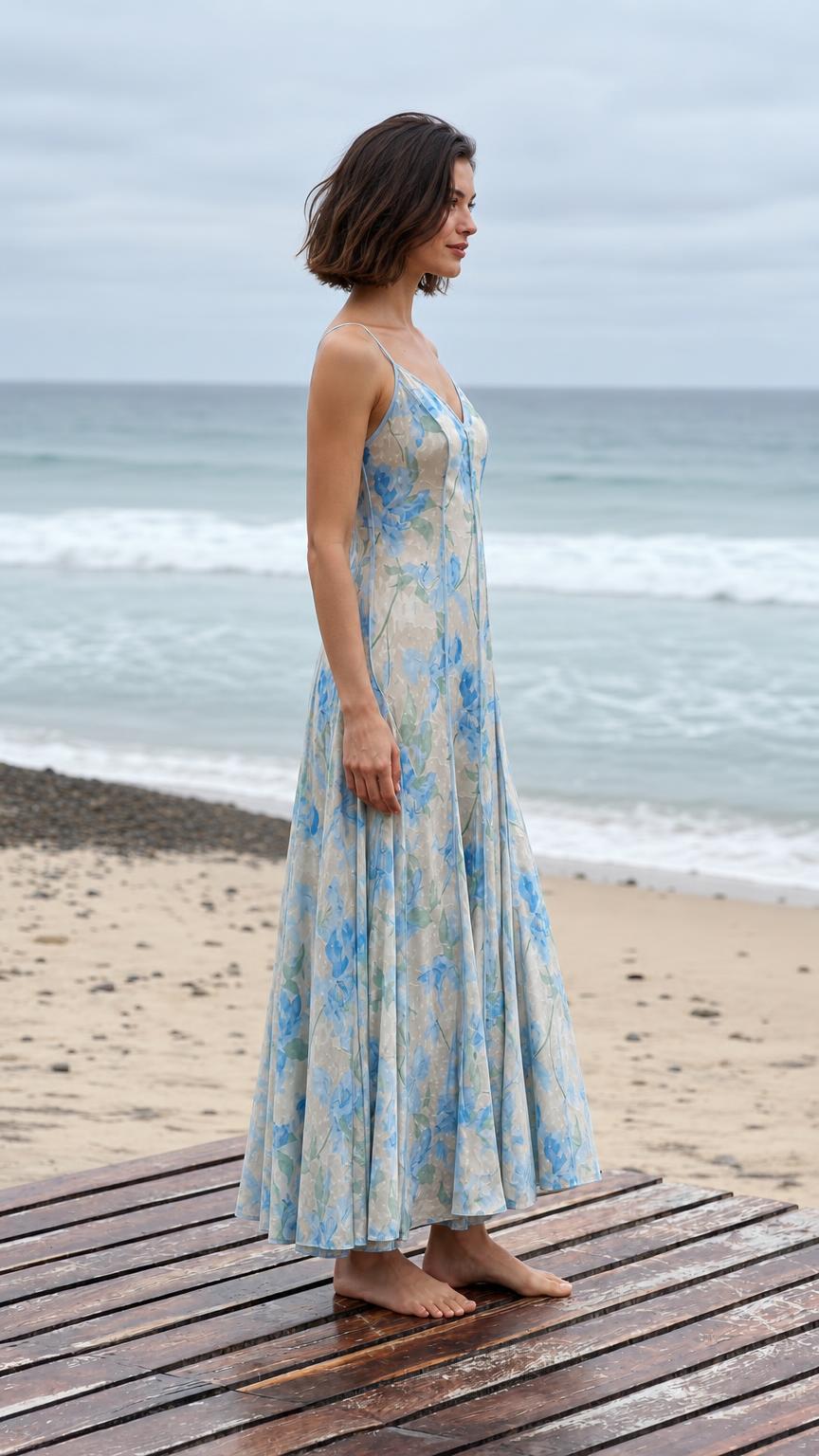Side view showing the flowing silhouette of the cream floral maxi dress