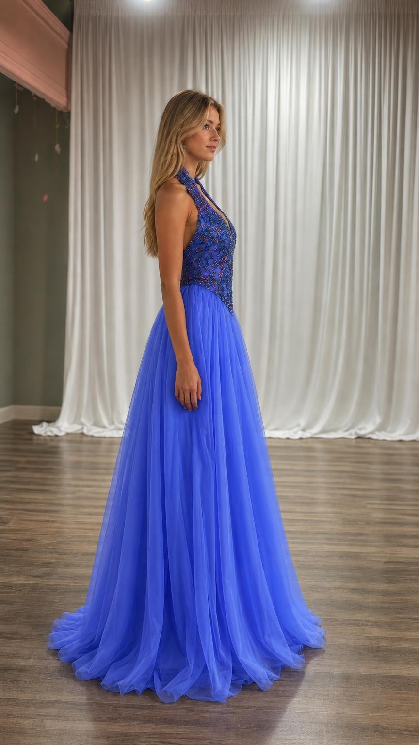 Side profile view of blue evening gown