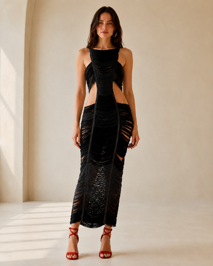 Front view of black sleeveless ruched cutout maxi dress