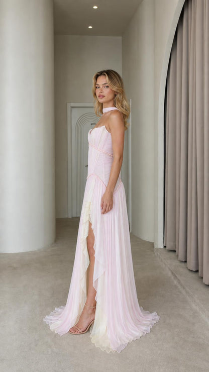 Pink evening gown side profile view