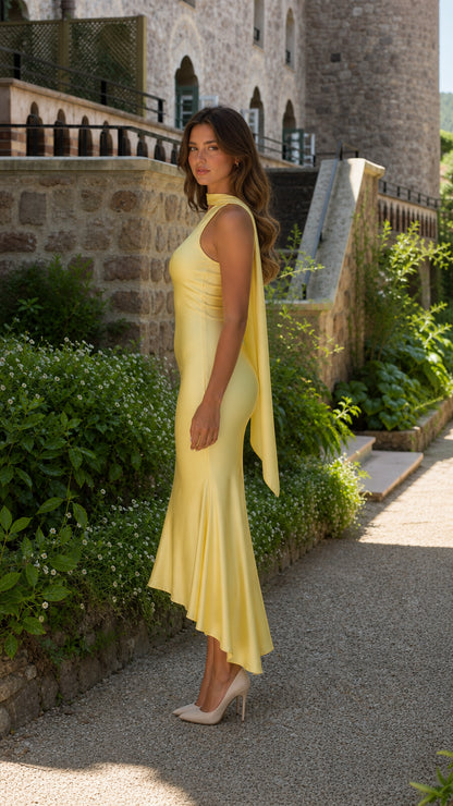 Side profile of a woman in a yellow satin high-low formal dress