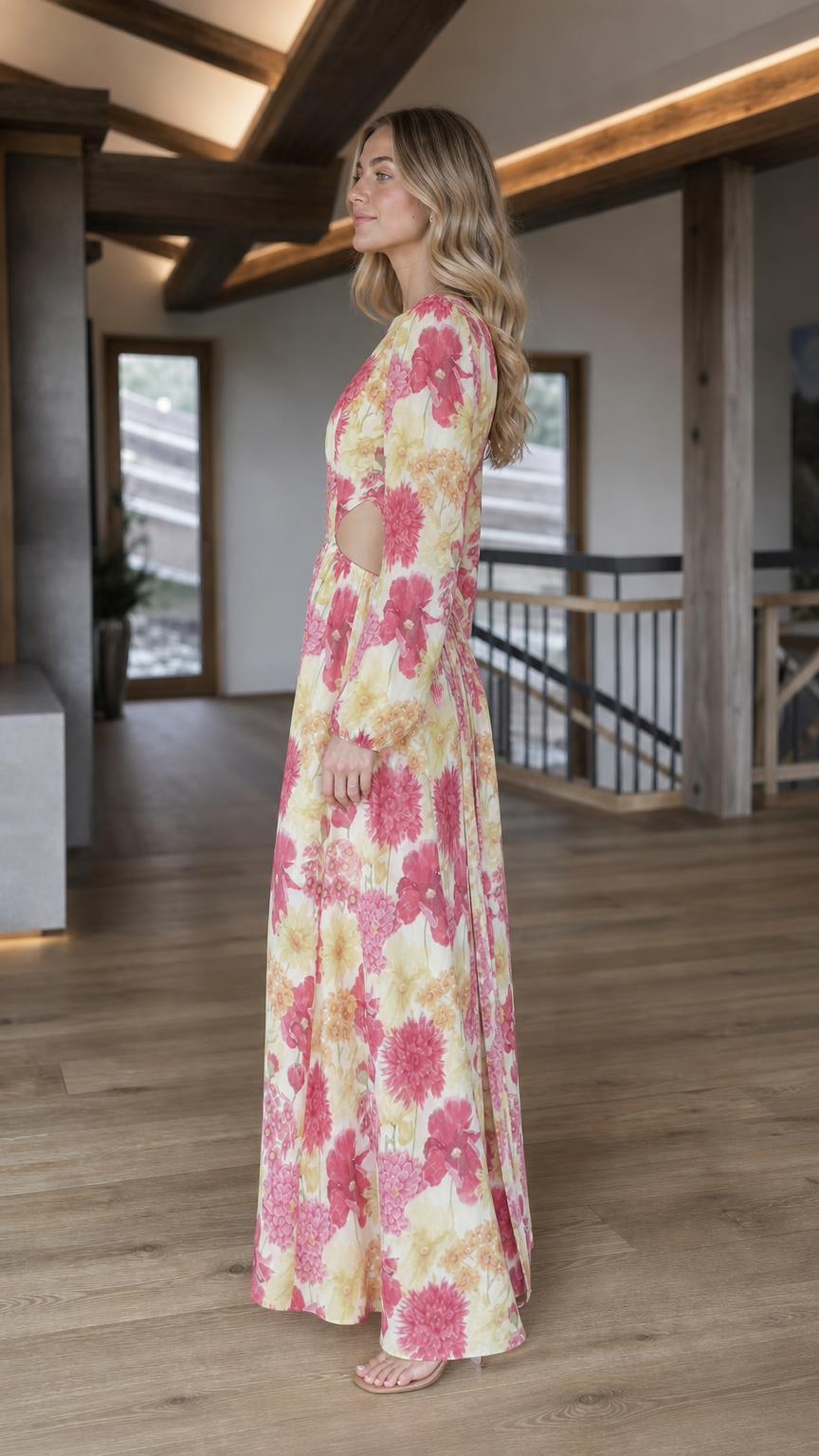 Side view of yellow floral print maxi dress