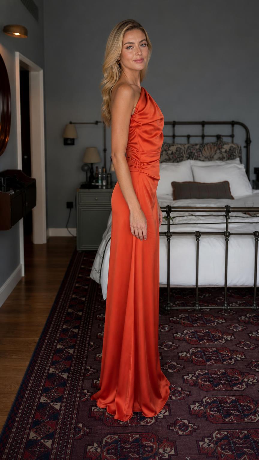 Side profile view of rust orange satin evening dress