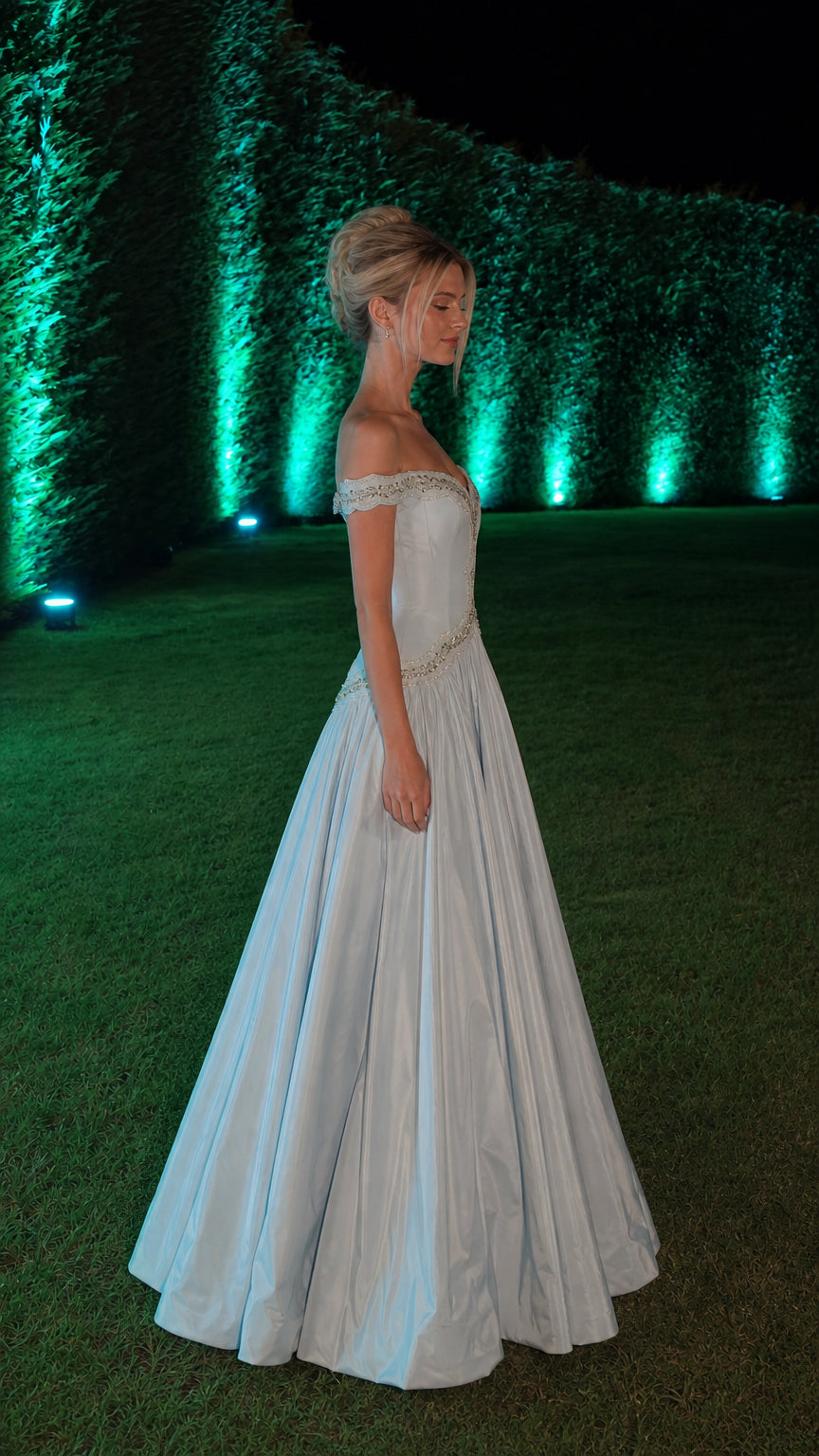 Side profile of light blue ball gown