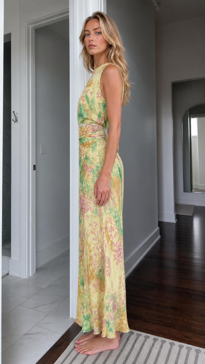 Side profile view of yellow floral maxi dress