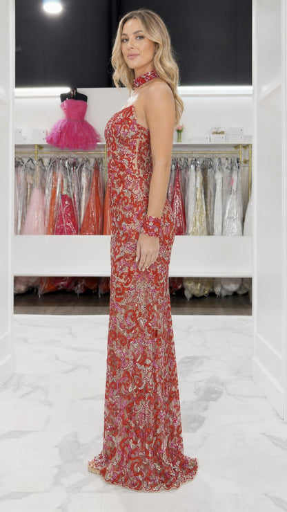 Side profile of red beaded formal dress