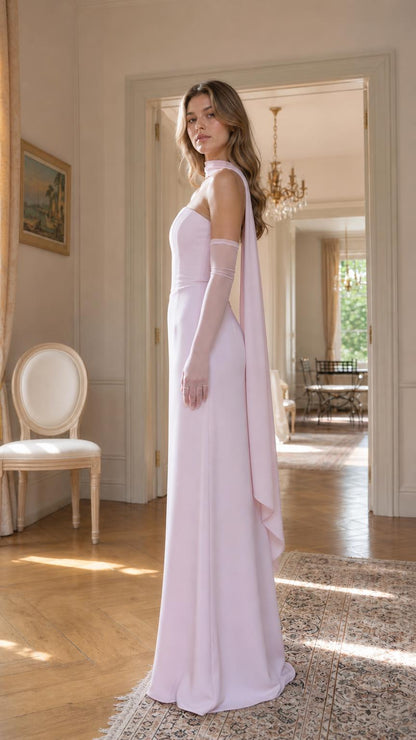 Pink maxi dress side view showing draped scarf