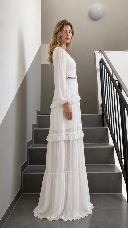 Side profile view of White maxi dress
